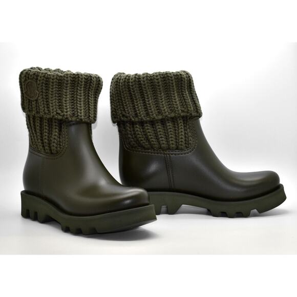 I0 NEW MONCLER Ginette Knitted Roll Up Collar Logo Patch Rain Boots Size 35 $475 - Picture 1 of 9